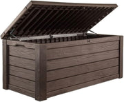 View 570-liter storage box, all-weather resin boat-shaped storage box, and stylish outdoor bench with piston-assisted lockable lid and side handles, dark coffee color version image 1