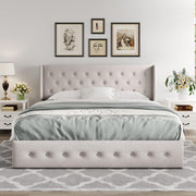 View Queen Size Lift Up Storage Bed, Modern Wingback Headboard, Hydraulic Support, No Box Spring Needed, Light Beige image 2