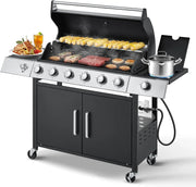 View Upgraded 4 Burner BBQ Propane Gas Grill with Cast Iron Grates & Side Stove, 44,000 BTU Stainless Steel Burner Barbecue Grill for Patio, Camping, Outdoor Cooking MELLCOM image 1