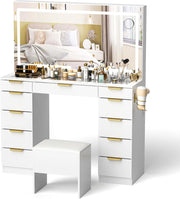 View Glass Top Vanity Desk with Mirror and Lights, 11 Drawers Makeup Vanity with Golden Handles, 3 Lighting Modes Upgraded Silent Slides Vanity Desk with Bench, Portable Mirror and Power Putlet image 1