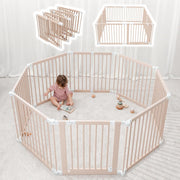 View Baby Playpen & Gate - 144 x 144 x 63 cm, Extends Up to 579 cm - Pine Wood Foldable Playpen with Child-Proof Lock - Safe Play Fence Easy Assembly Baby Play Yard - Light Wood White image 1