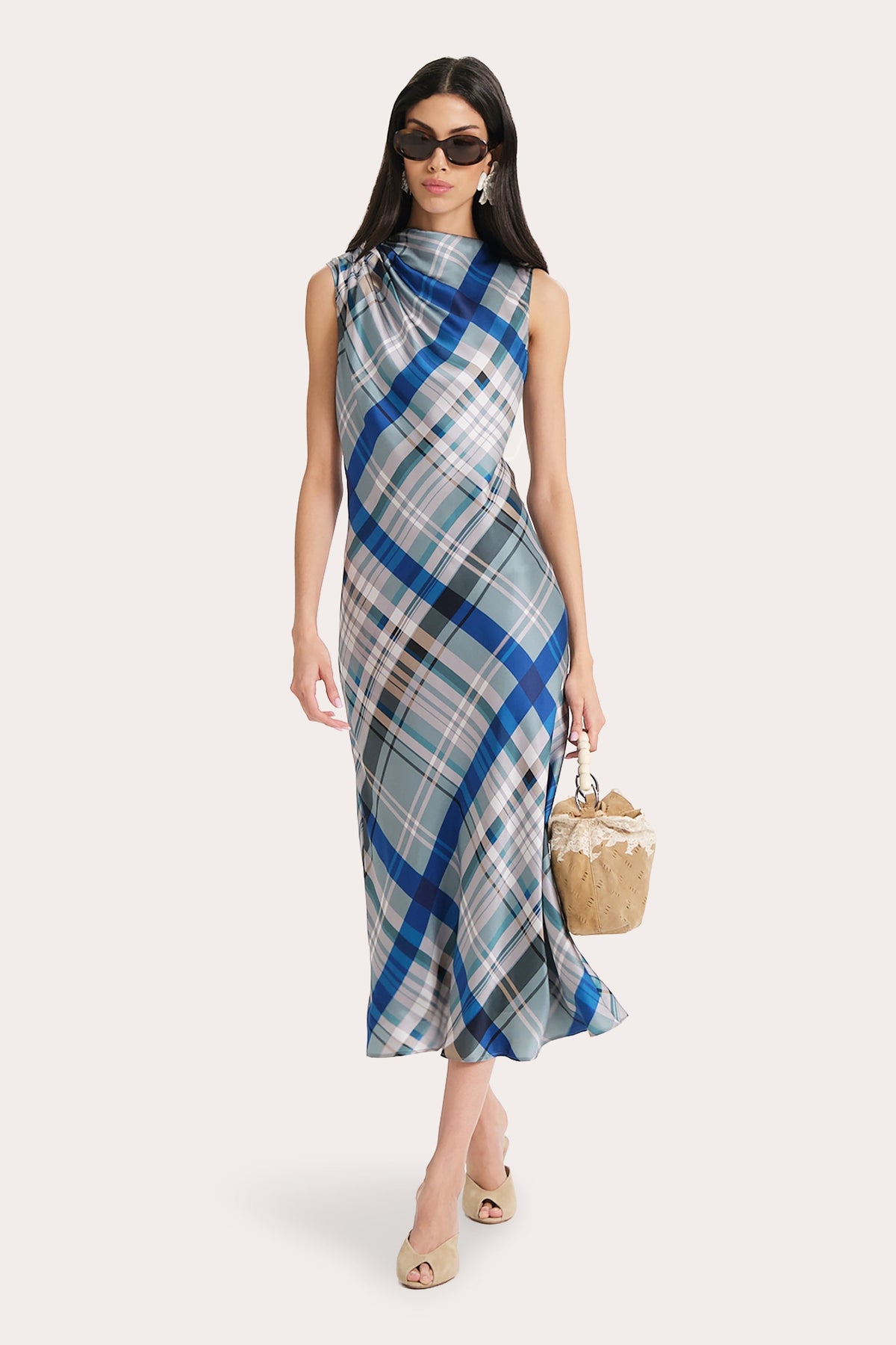 Grace Silk Charmeuse Plaid Draped Midi Dress