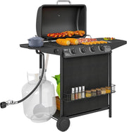 View 4+1 Burner Propane Gas BBQ Grill, Portable Gas Barbecue Grill with Side Burner, Thermometer, Lid, Side Table, Shelf, Spice Rack, Wheels, Grease Cup for Garden, Black image 1