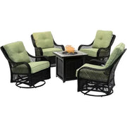 View 5-Piece Steel Patio Fire Pit Conversation Set with Navy Blue Cushions, Swivel Gliders and Square Fire Pit Table image 1