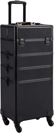 View 4 in 1 Professional Rolling Aluminum Cosmetic Makeup Train Organizer Storage Case Artist Train Case Salon Beauty Cosmetic Jewelry Organizer Trolley with 4 Wheels (All Black) image 3