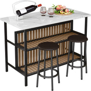 View Kitchen Island with Seating & Storage Shelf, Faux Marble Island Table for Kitchen, Modern Bar Table and Chairs Set for 2,Dining Table Set for Small Space,White image 1