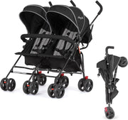 View Twin Umbrella Stroller in Black, Lightweight Double Stroller for Infant & Toddler, Compact Easy Fold, Large Storage Basket, Large and Adjustable Canopy image 1
