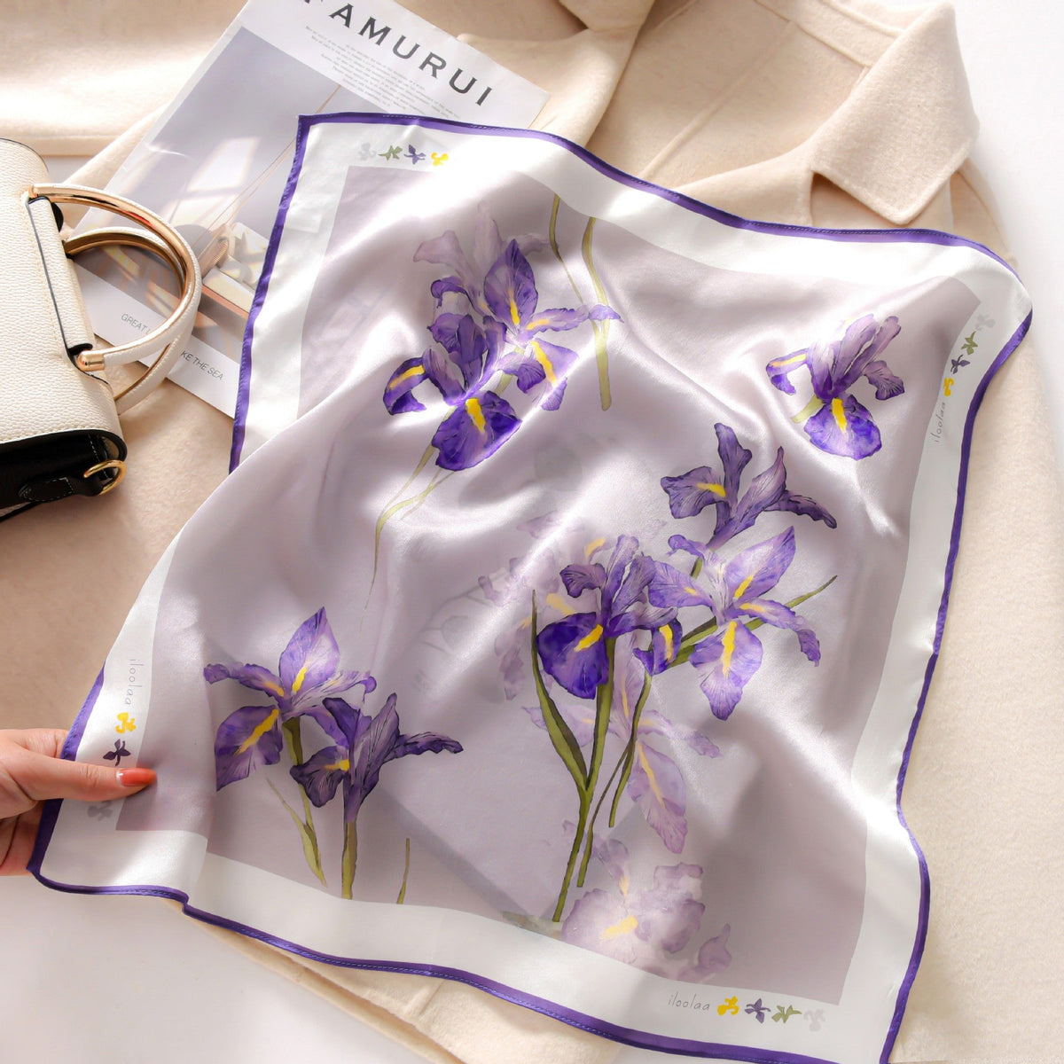 BOFAN 100% Mulberry Silk Printed Square Scarf for Women, 53 × 53 cm