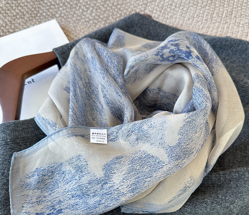 BOFAN 100% Mulberry Silk Botanical Print Long Scarf for Women, 53 × 175 cm
