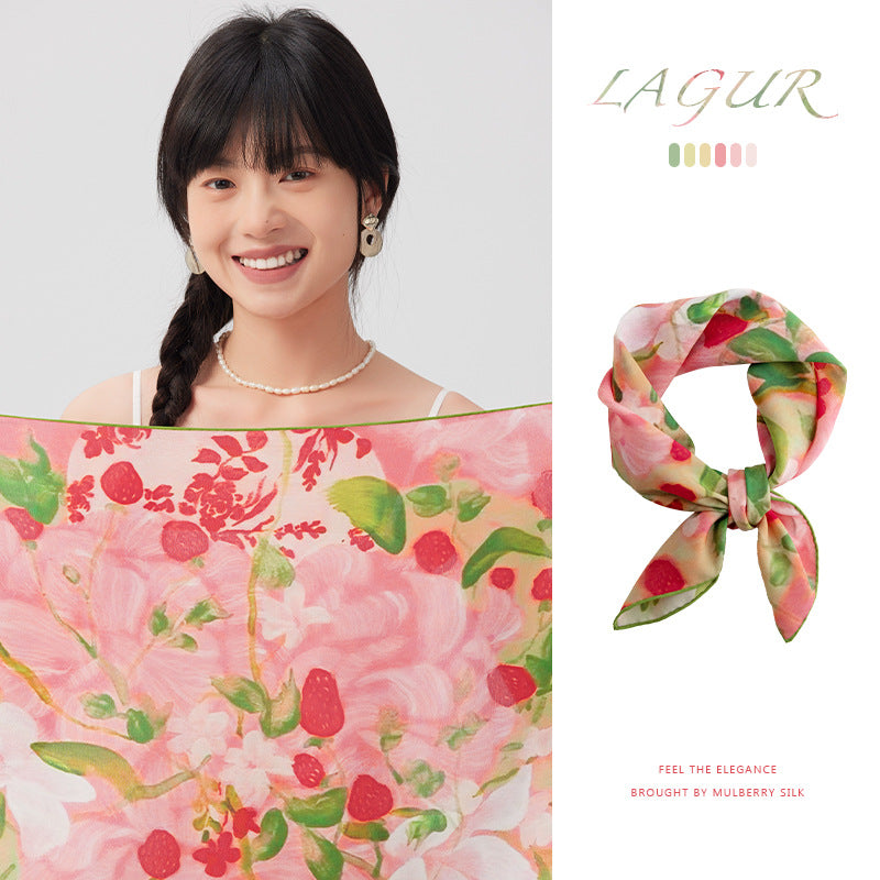 BOFAN 100% Mulberry Silk Floral Print Square Scarf for Women, 63 × 63 cm