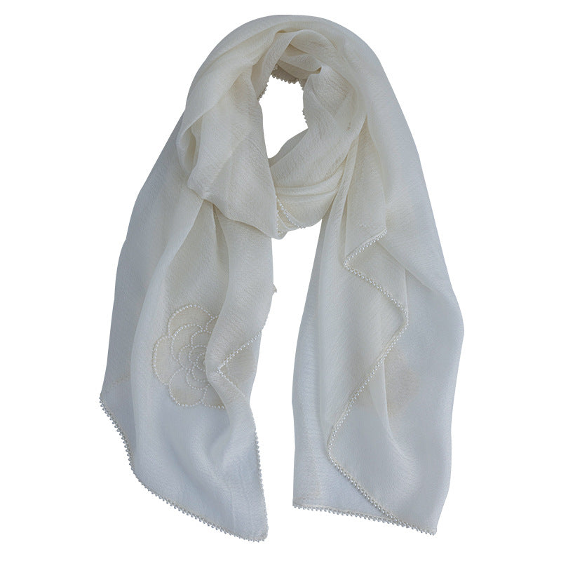 BOFAN 100% Mulberry Silk Embroidered Floral Long Scarf for Women, 190 × 85 cm
